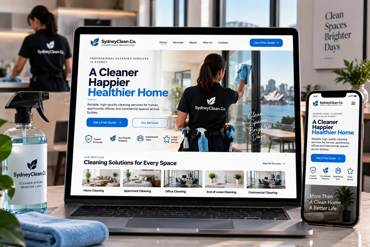 Cleaning company website concept on a laptop and phone