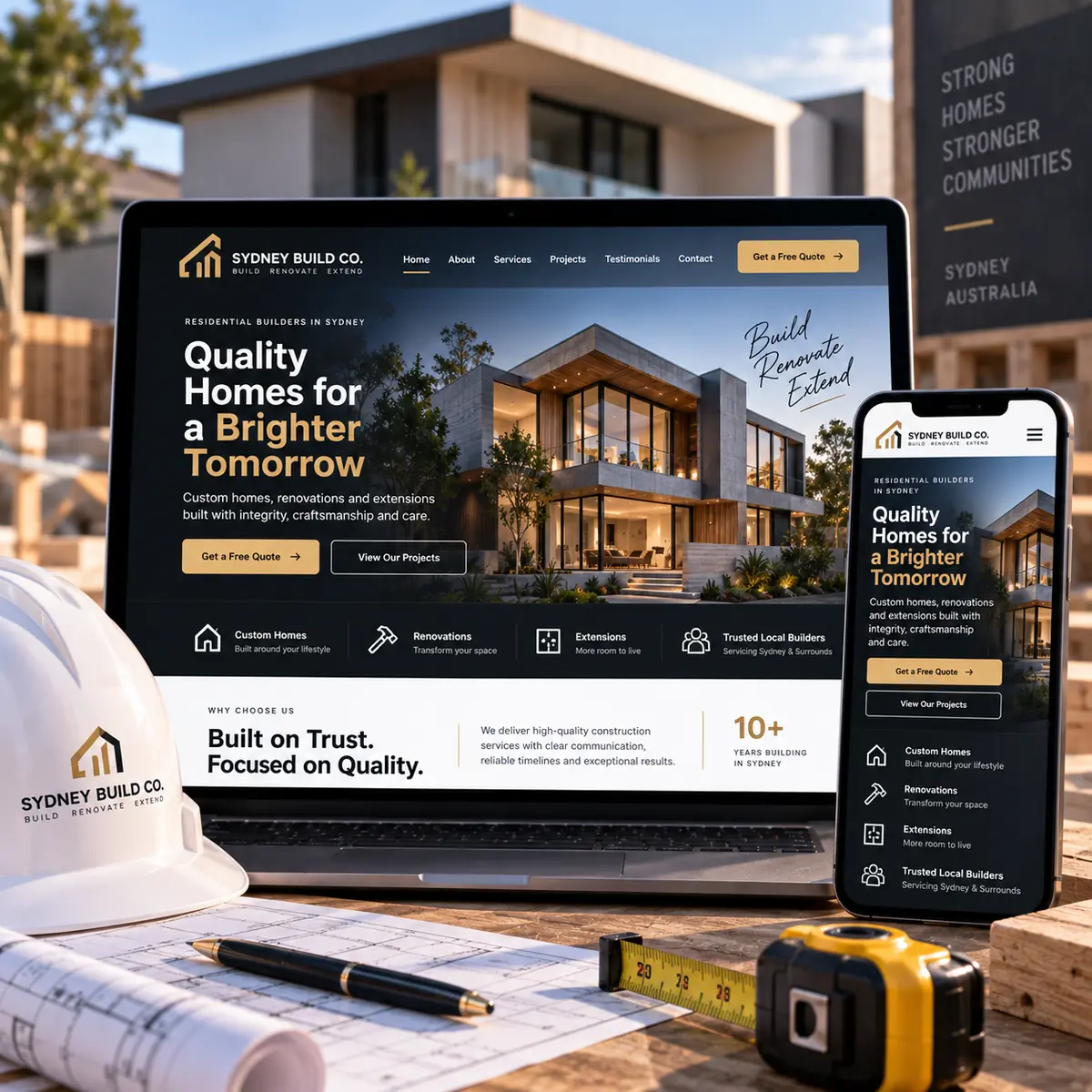 Residential builder website concept on a laptop and phone