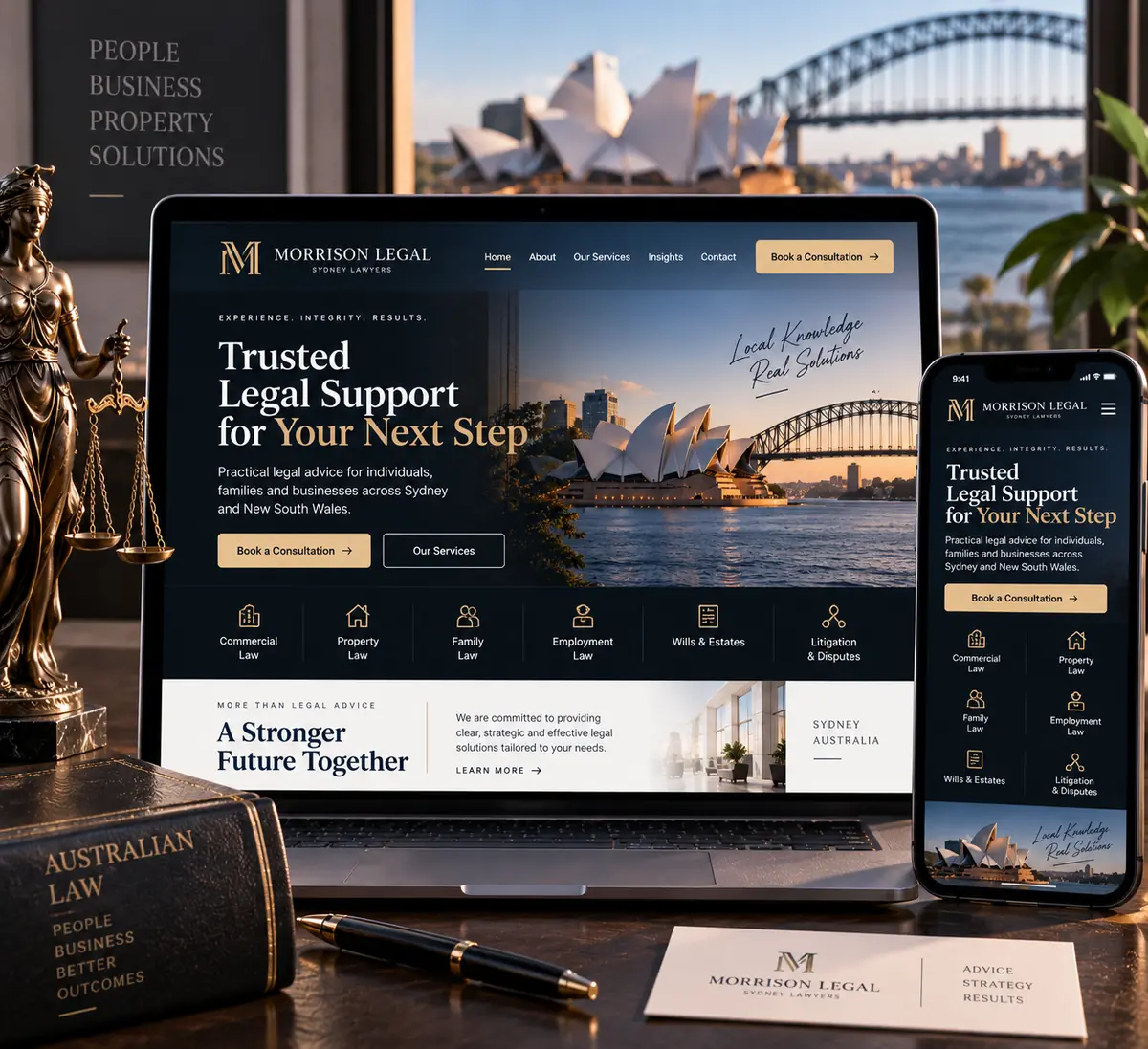 Law firm website concept on a laptop and phone