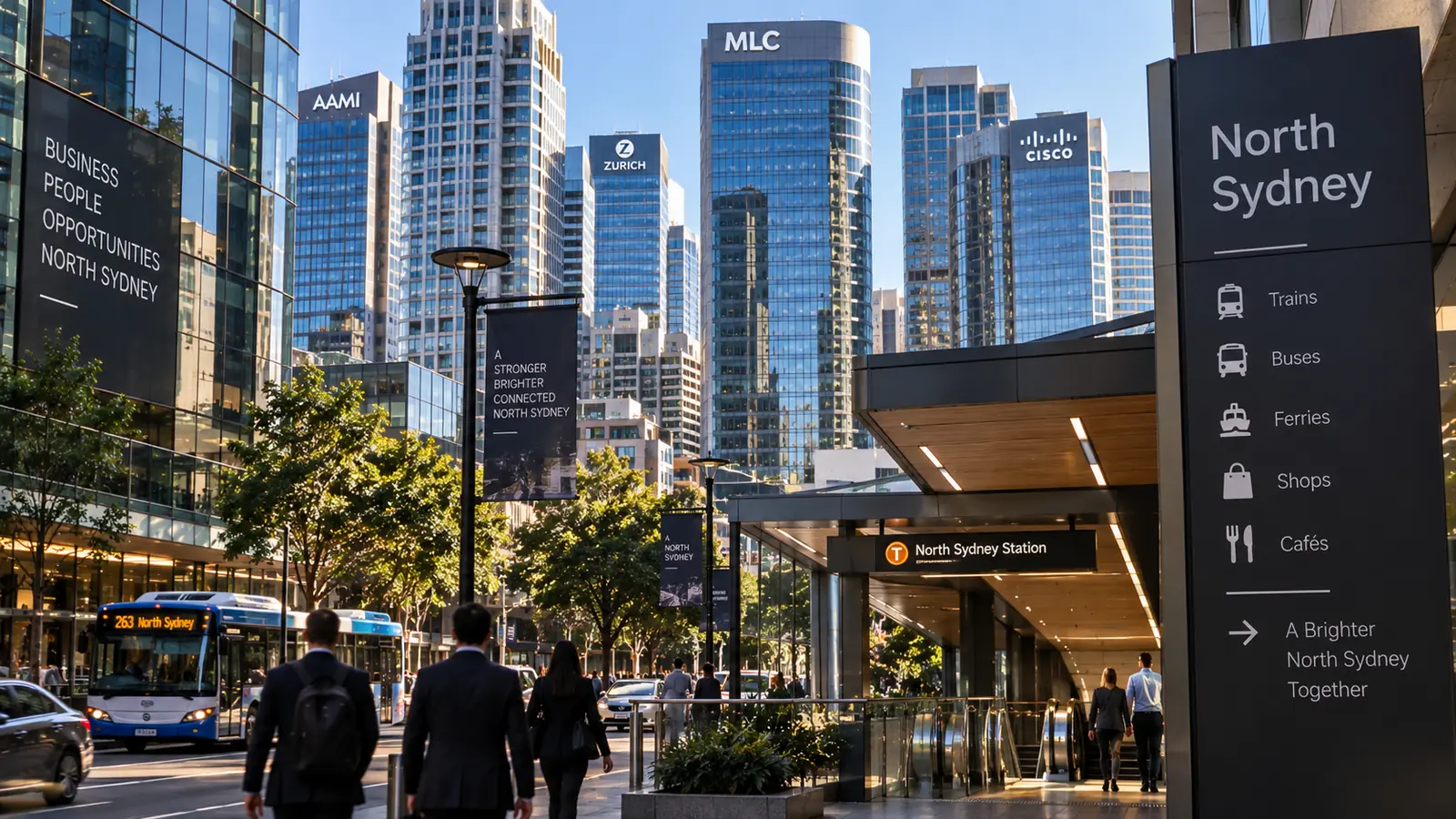 Office towers and street signage in the North Sydney business district