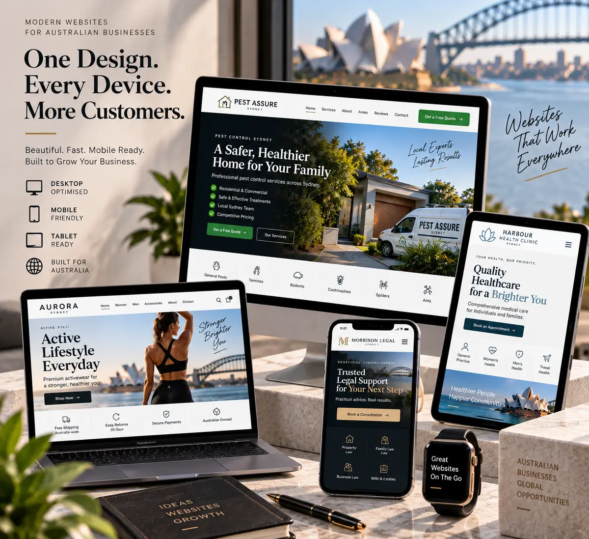 A business website shown on a desktop monitor, tablet, laptop and phone
