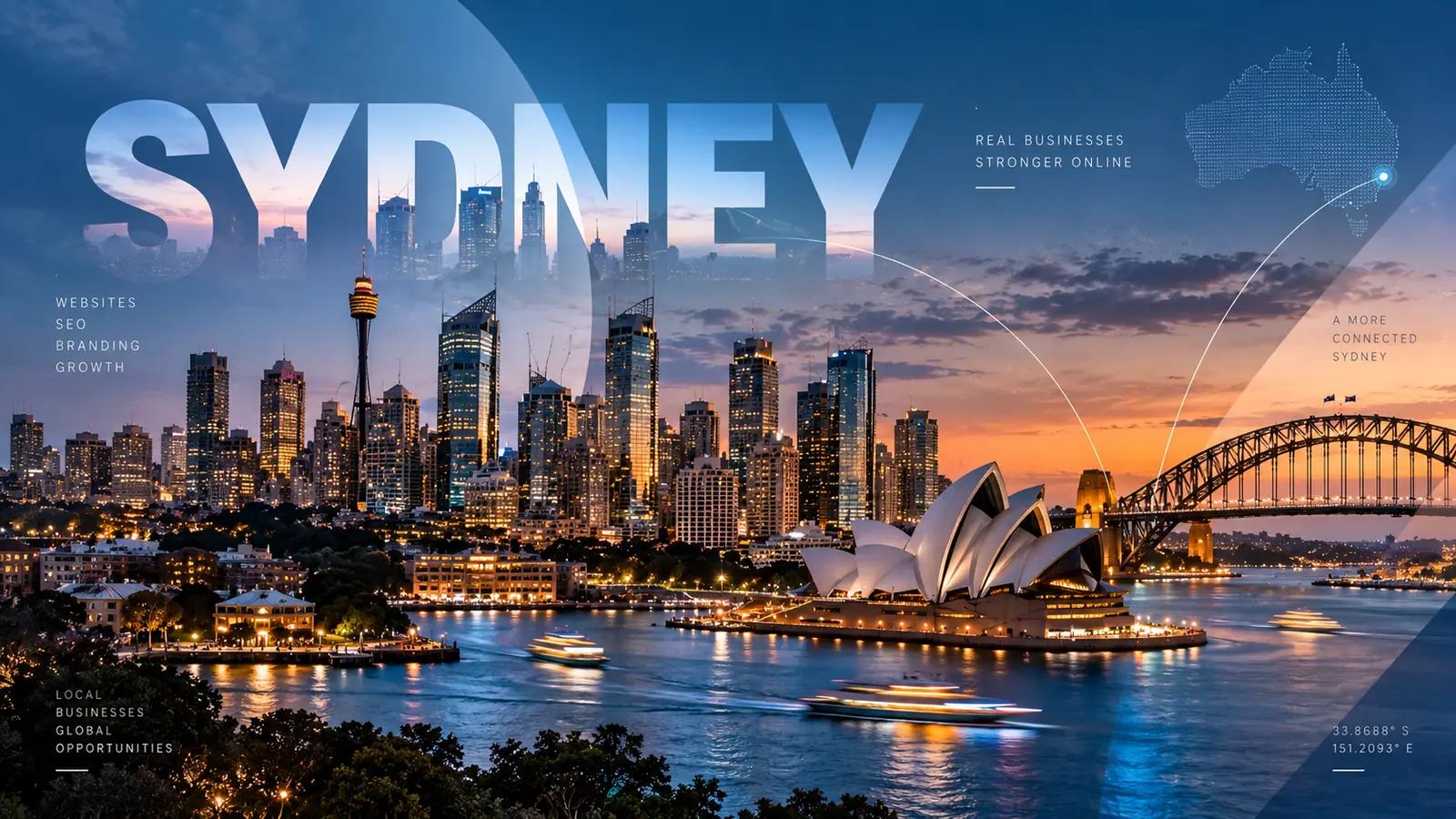Sydney harbour skyline at dusk with the bridge and Opera House