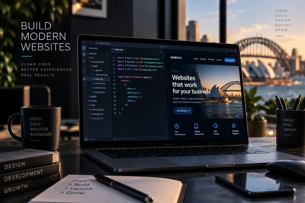 Website code and a finished business website open side by side on a desktop screen