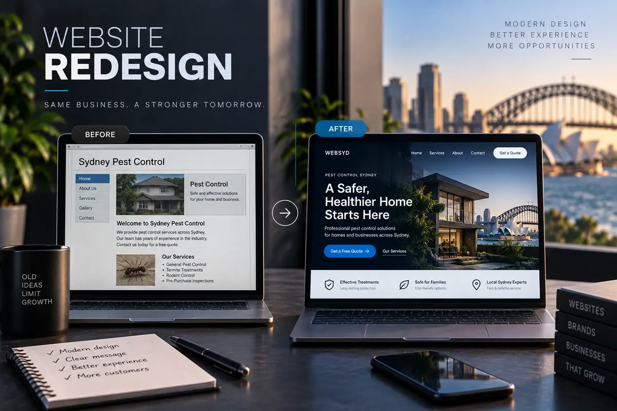 A dated business website beside its rebuilt version on two laptop screens