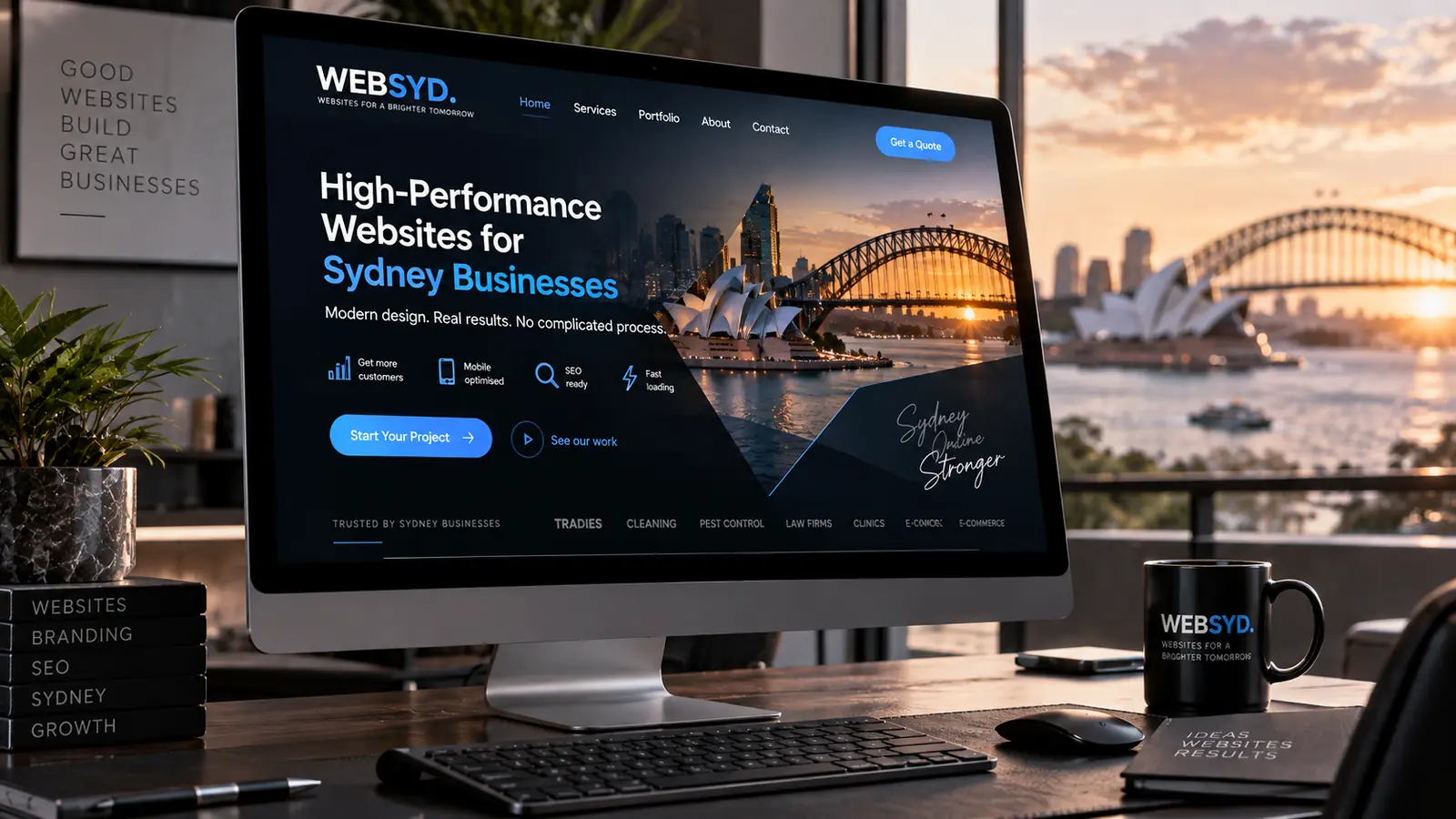 A WEBSYD-designed business website displayed on a desktop monitor